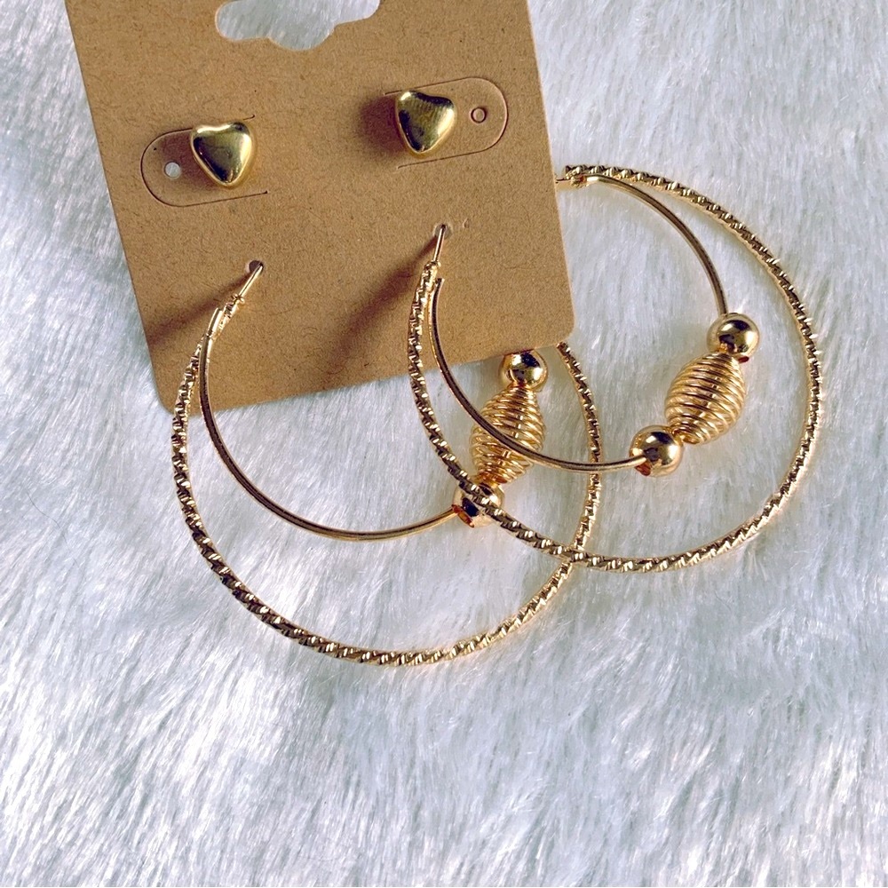 BOGO Large Gold Hoop Earrings Double Layer w Beads + Gold Heart Shape Studs
